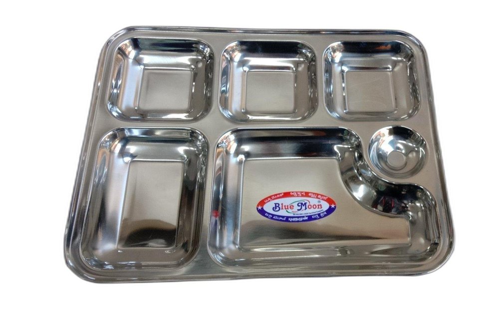 Blue Shine Rectangular Stainless Steel 6 in 1 Compartment Plate, For Home