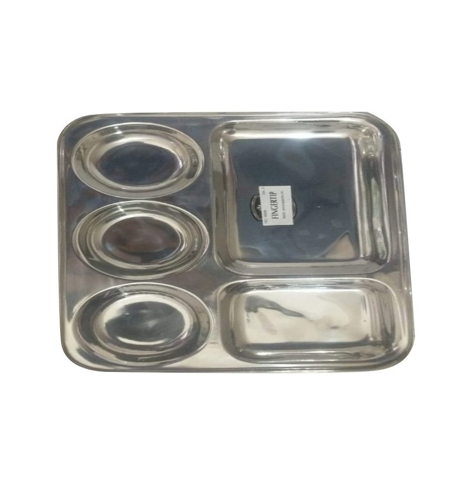 Silver Plain 5 Compartment Stainless Steel Plate, For Home, Size: 14x12inch