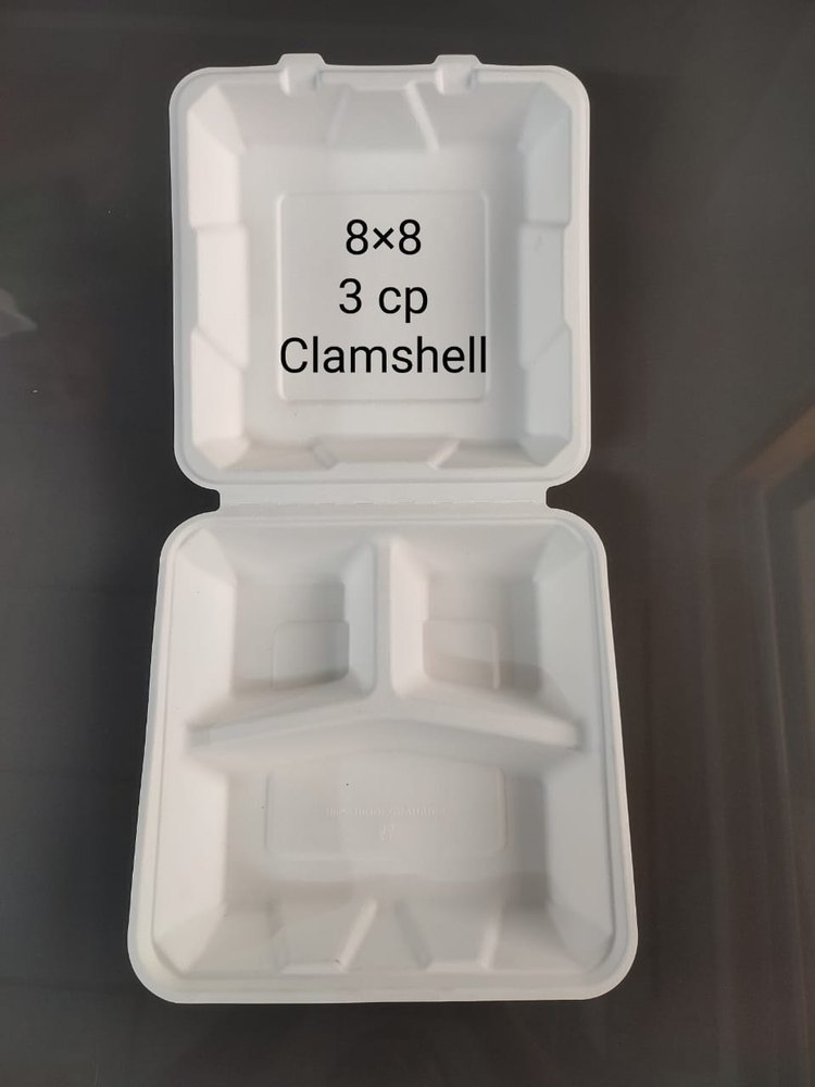 8 x 8 3CP Clamshell Sugarcane Baggase Bleached Biodegradable Disposable Plate