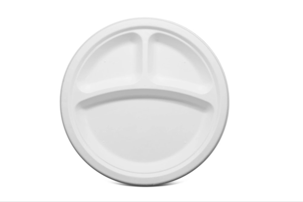 EcoRev Sugarcane Fiber 9 Inch 3 Compartment Round Plate, For Restaurant