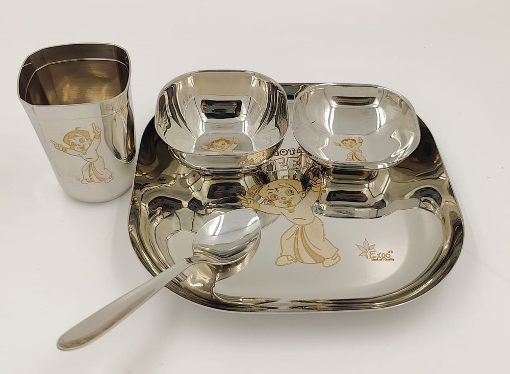 Silver Square Baby steel Thali set, For Home, Size: 8