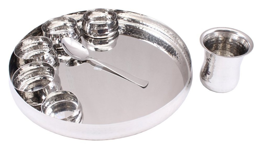 Silver Round Steel Hammer Thali Set, For Home
