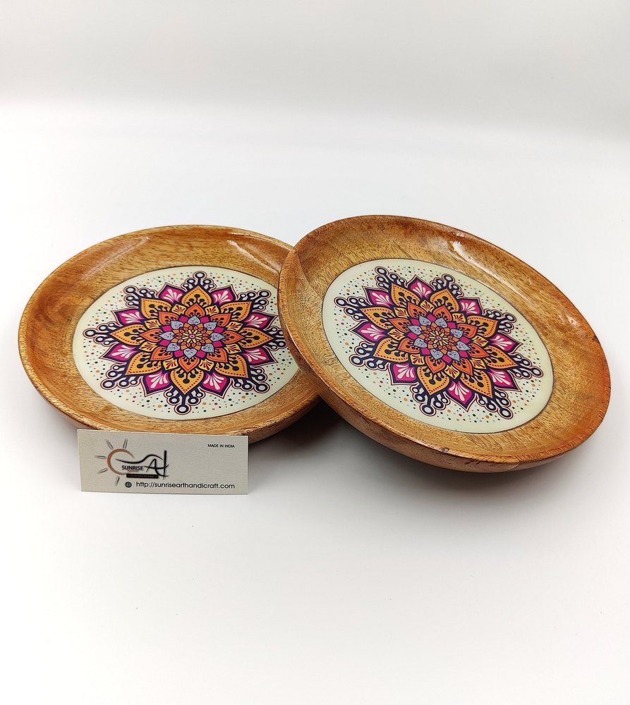 Natural Mango Wood Plate With Digital Print, For Home, 10x10