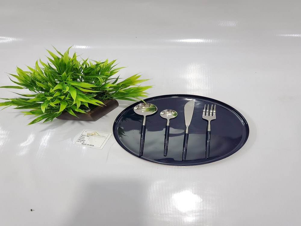 IRON & STEEL BLUE ENAMEL PLATE WITH CUTLARY, For Home, Size: 10 Inch