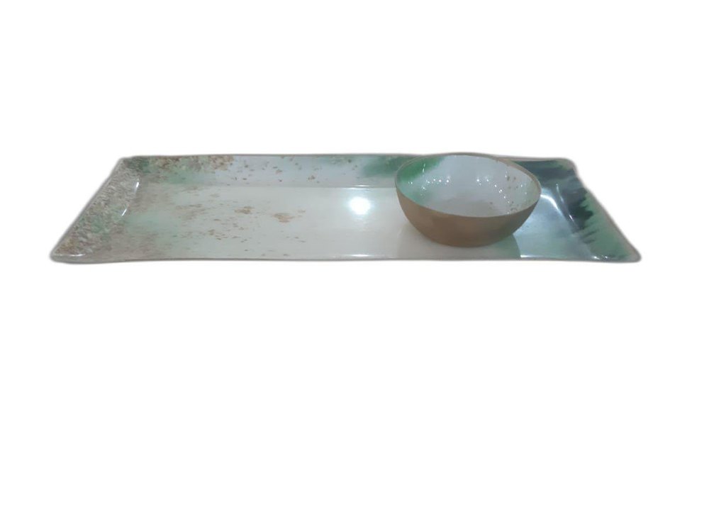 Metal White and Green Enamel Serving Plate ss Steel, For Home