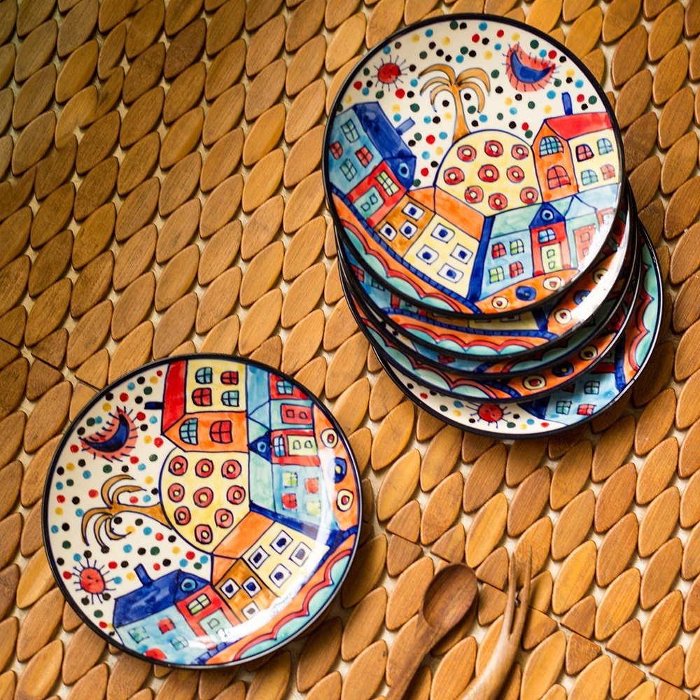 ExclusiveLane The Hut Family Hand-Painted Ceramic Quarter Plates 7 Inch, Set Of 6
