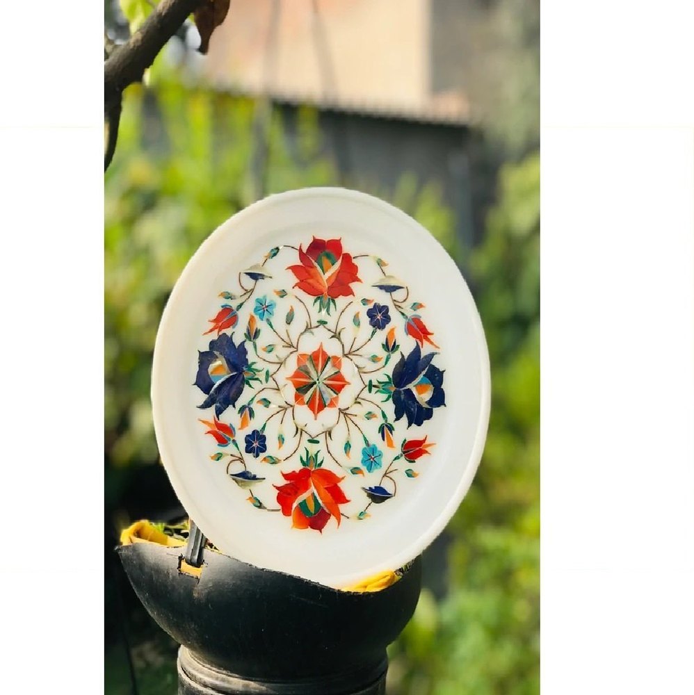 White Turquoise Gemstones P14 Lotus Plate, For Home, 8 Inch