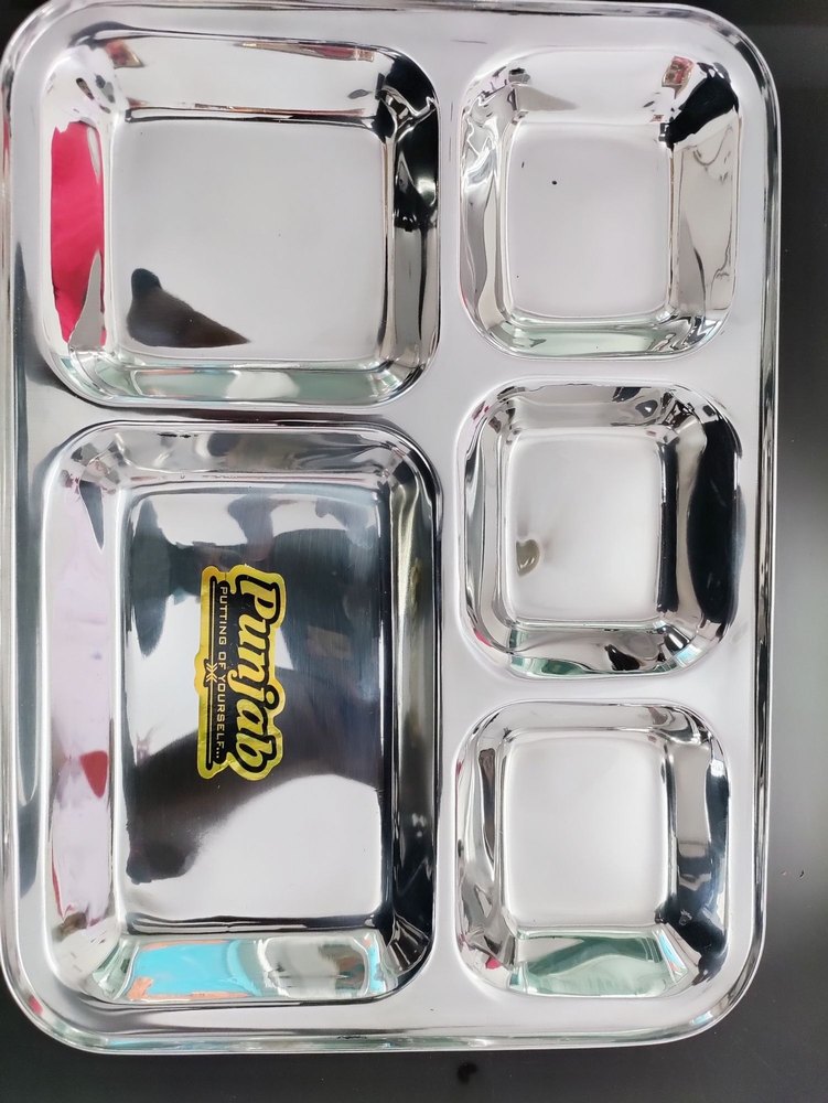 Silver Plain Raj Stainless Steel 5 In 1 Compartment Plate, For Kitchen, Size: 10-13