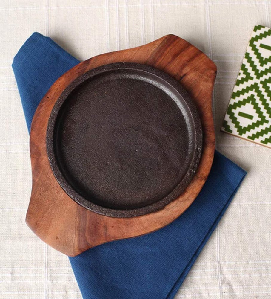 Brown Wooden Platter And Sizzler (6 Platter), Size: 5In Round