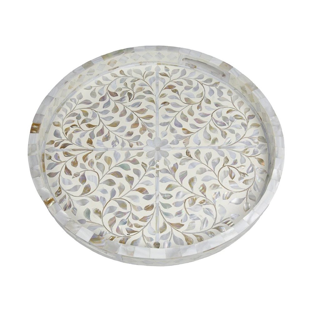 Grey Printed Bone Inlay Round Tray, For Kitchen, Size: 15inch(Diameter)