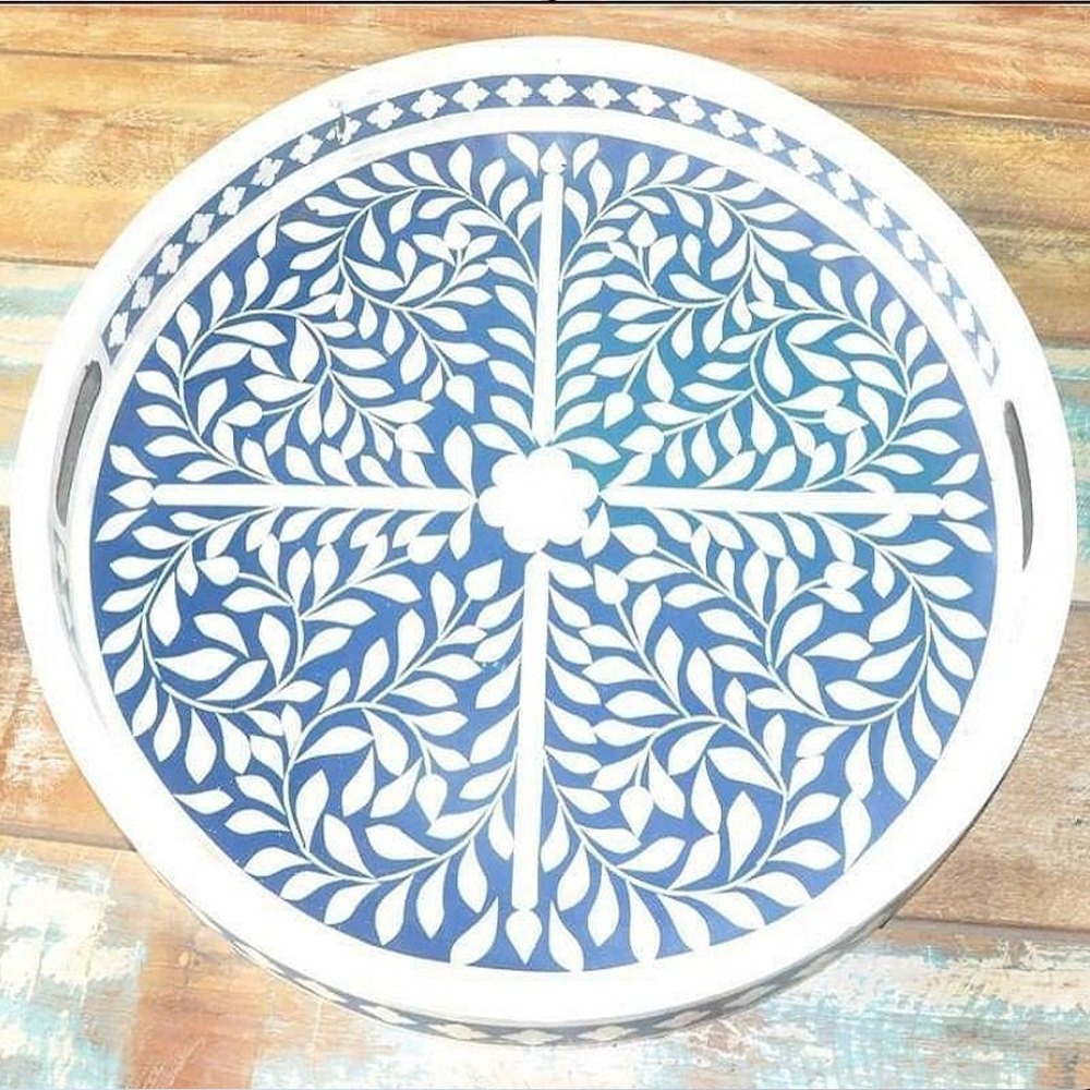 Blue and White Printed Round Bone Inlay Tray, For Home, Size: 12 Inch