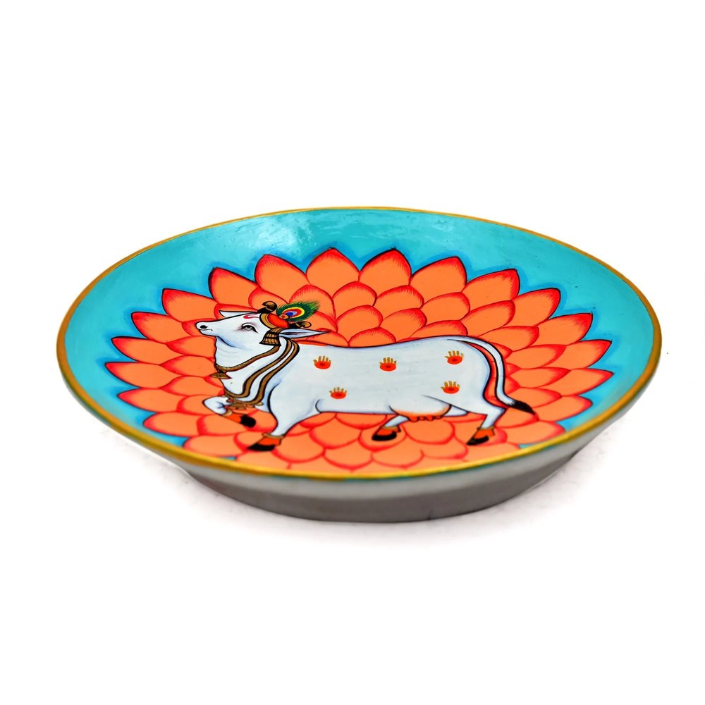 Blue and Orange Printed Kaushalam Hand Painted Ceramic Plate, For Home, Round