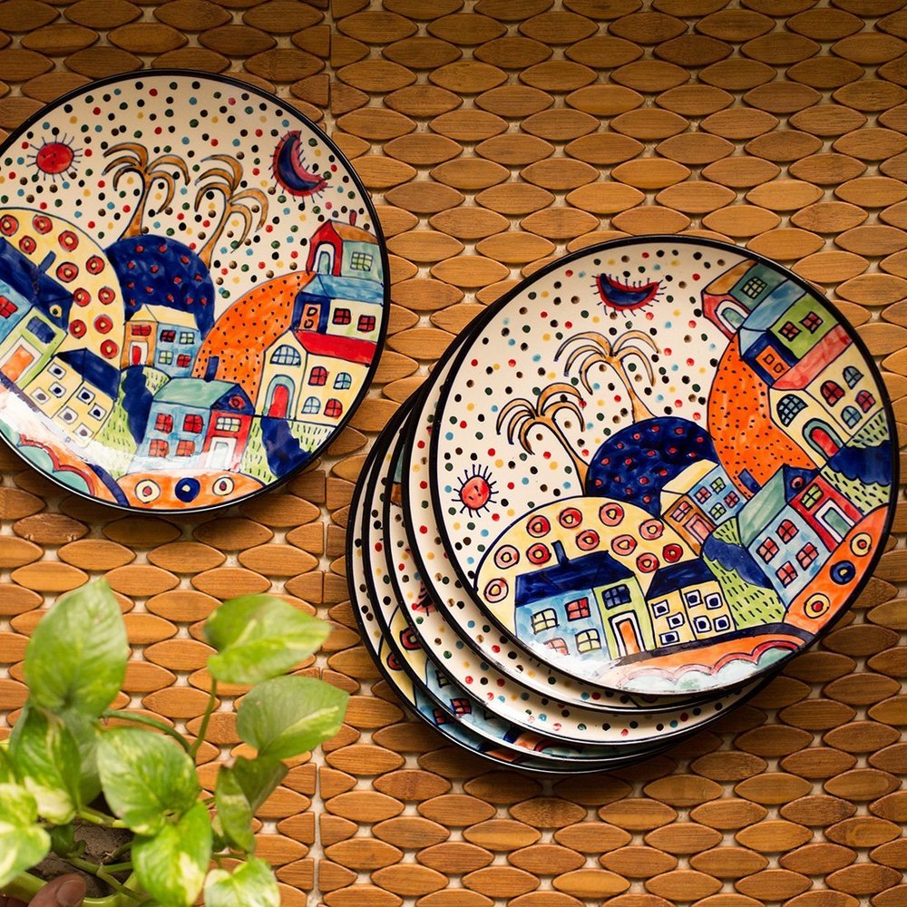 ExclusiveLane The Hut Family Hand-Painted Ceramic Dinner Plates 10 Inch, Set Of 6