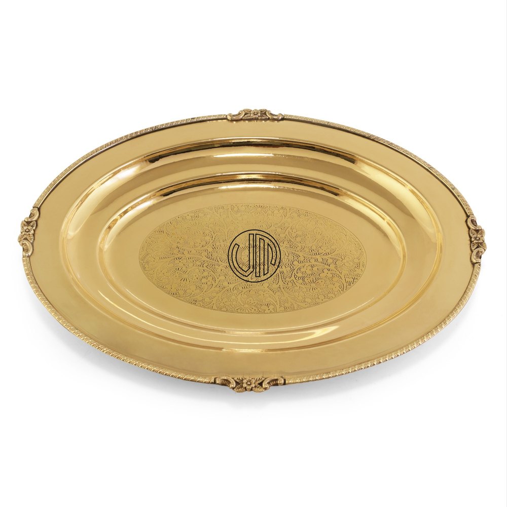 Vaasa Mimansa Golden Brass Etched Rice Plate, Packaging Type: Carton