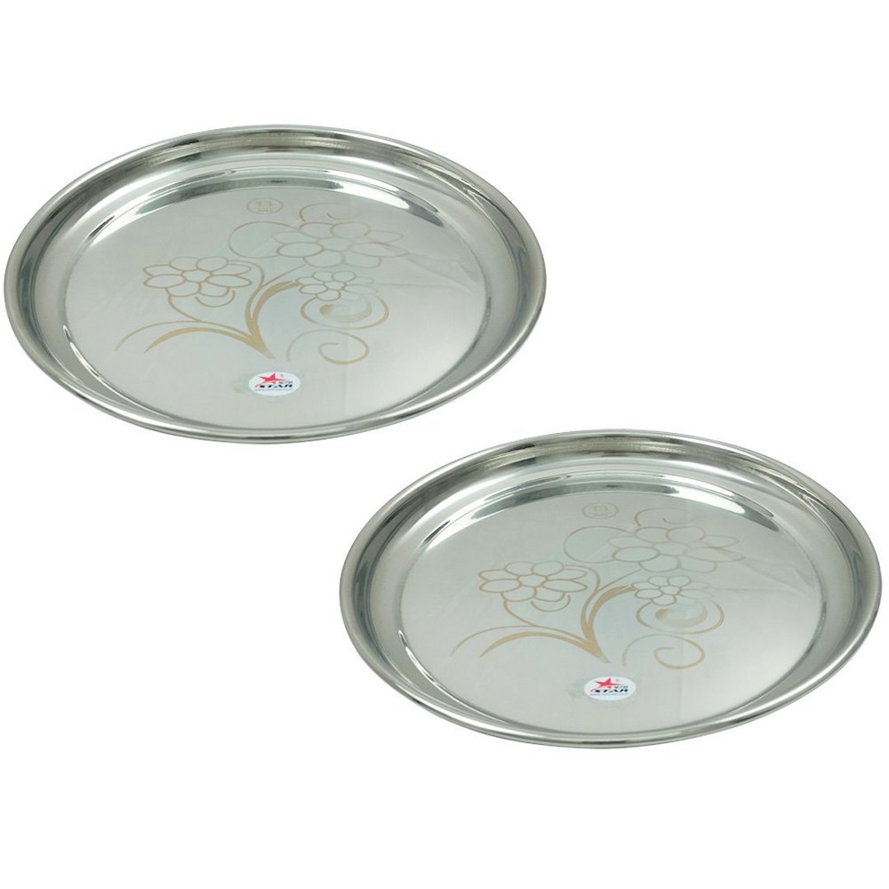 Silver Printed Soup Plate, Meals Plate, Steel Thali, Laser Floral Design