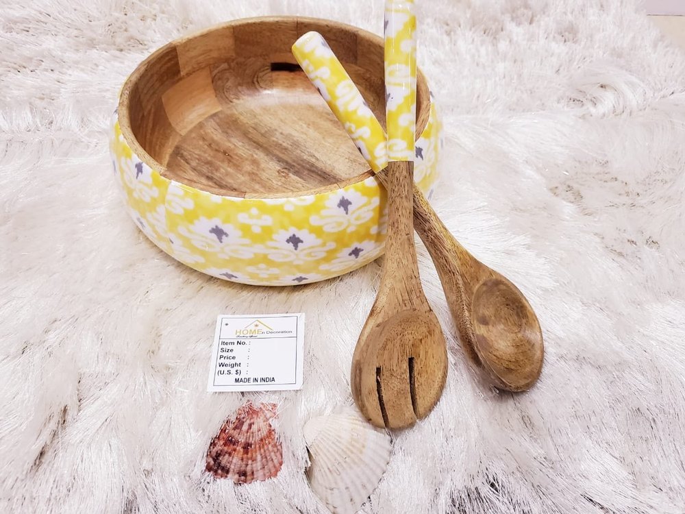 Printed Round Wooden Salad Bowls, For Event, Set Contains: Natural