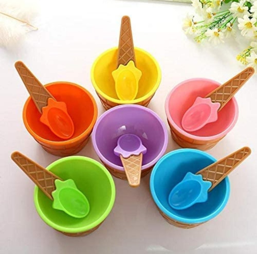 Plastic Multicolor Ice Cream Cone Shape Cup With Spoon- 1Piece