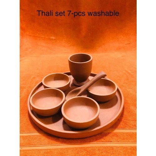 Brown Plain 7 Pieces Clay Washable Thali Set