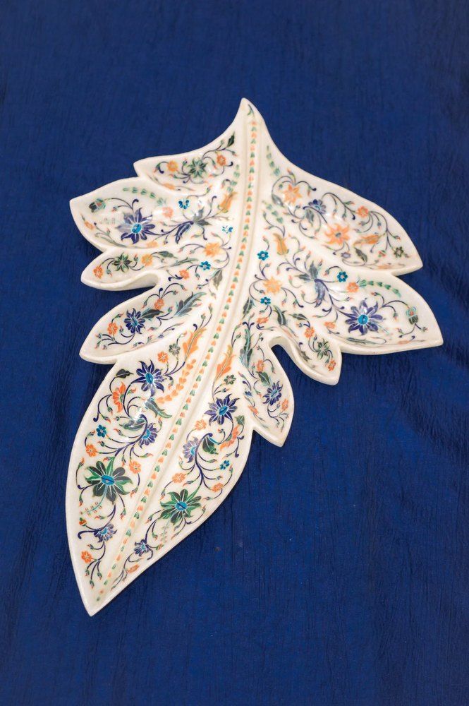 Indoor White Beautiful Marble Inlay Leaf Shape Bowl, For Home & Decoration