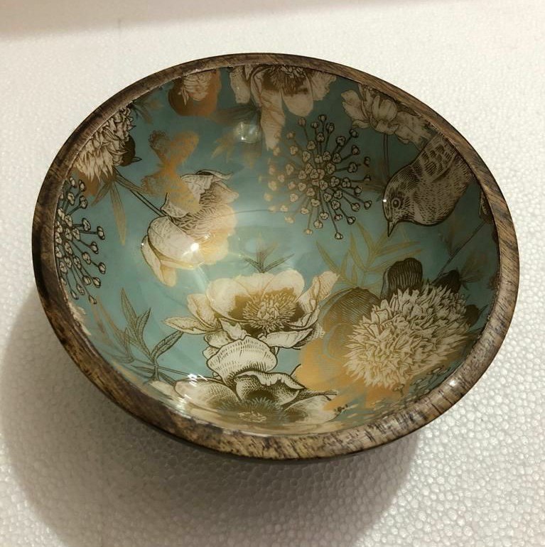 Round Printed Flower Print Wooden Bowl, For Home, Size: 7 X 2.4 Inch