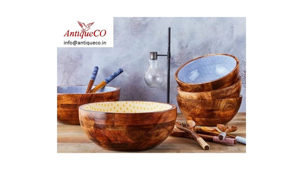 Wooden Salad Bowl With Enamel Printed Work
