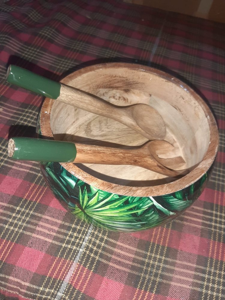Wooded Home Multicolor Wooden Salad Bowl With Enamel Printed, Size: 8