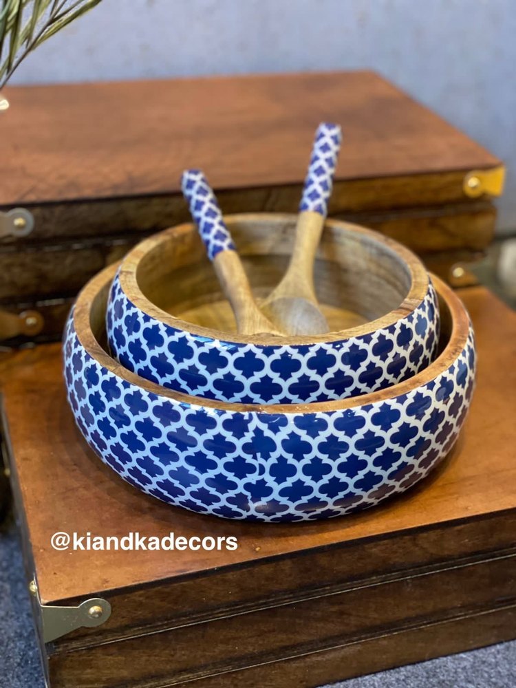 Blue Round Wooden Salad Bowl With Enamel Printing, For Home / Hotel / Restaurant, Size: 8