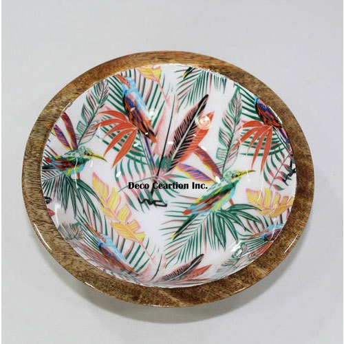 Wooden Round Printed Mango Wood Bowl, Size: D 7 X H 2.5