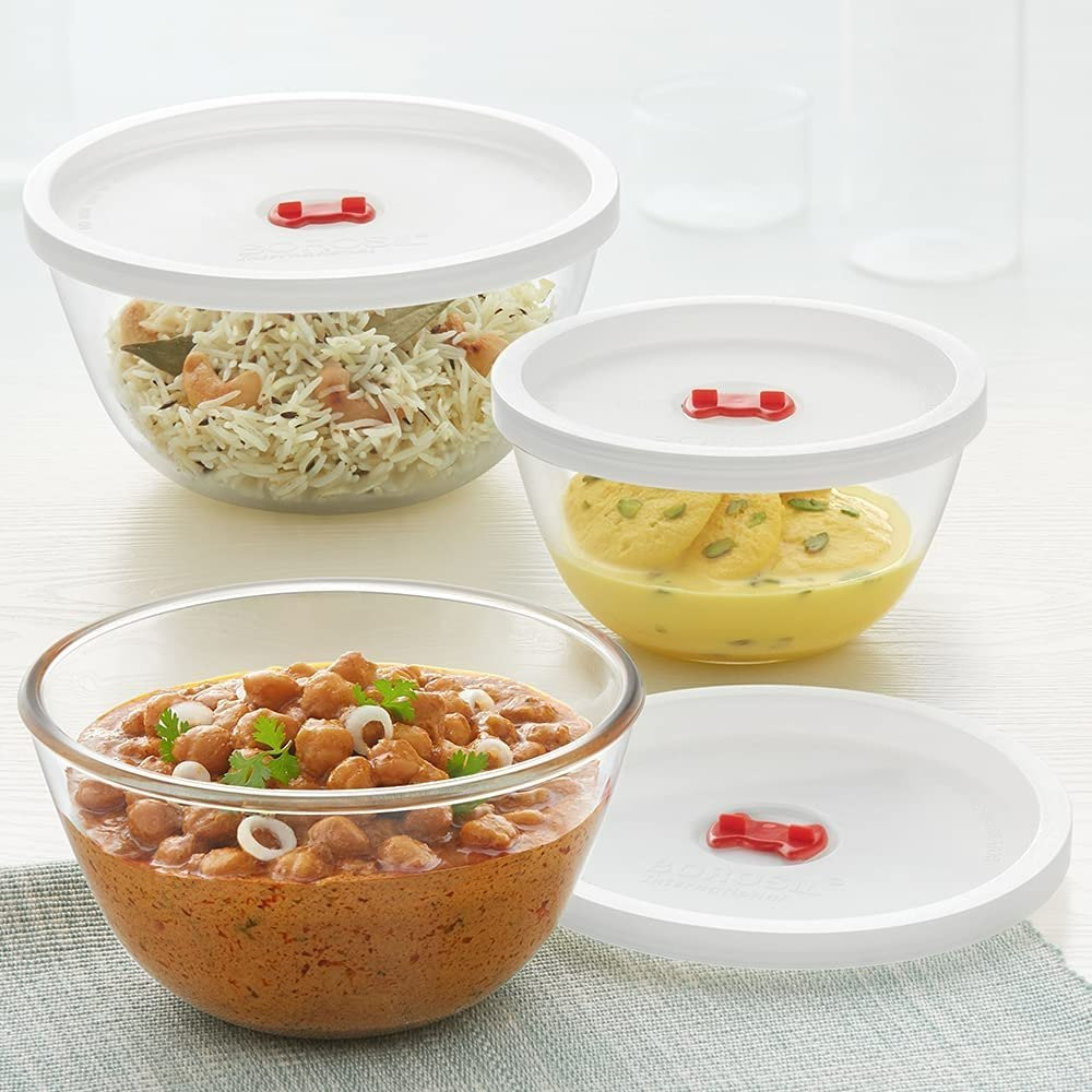 Glass Round Borosil Basic Mixing Serving Bowl Set, For Home, Size: 500ml, 900ml And 1.3 Liter