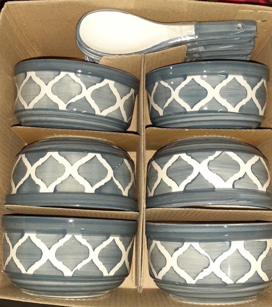 Round Ceramic Soup Bowl With Spoon, For Home, Size: Grey And White
