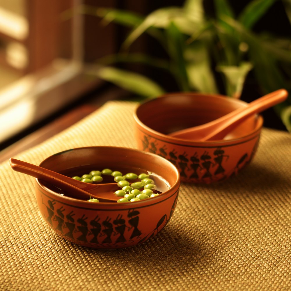 ExclusiveLane \'Bowl Dancing\' Warli Hand-Painted Soup Dishes With Spoons In Ceramic (Set Of 2)