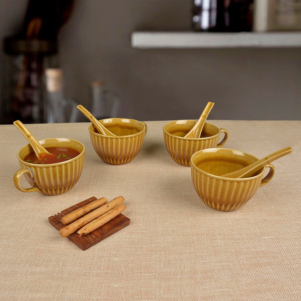 Handcrafted Studio Pottery Brown Glazed Soup Bowl/Maggi Bowl with Spoon (Set of 4, Brown)