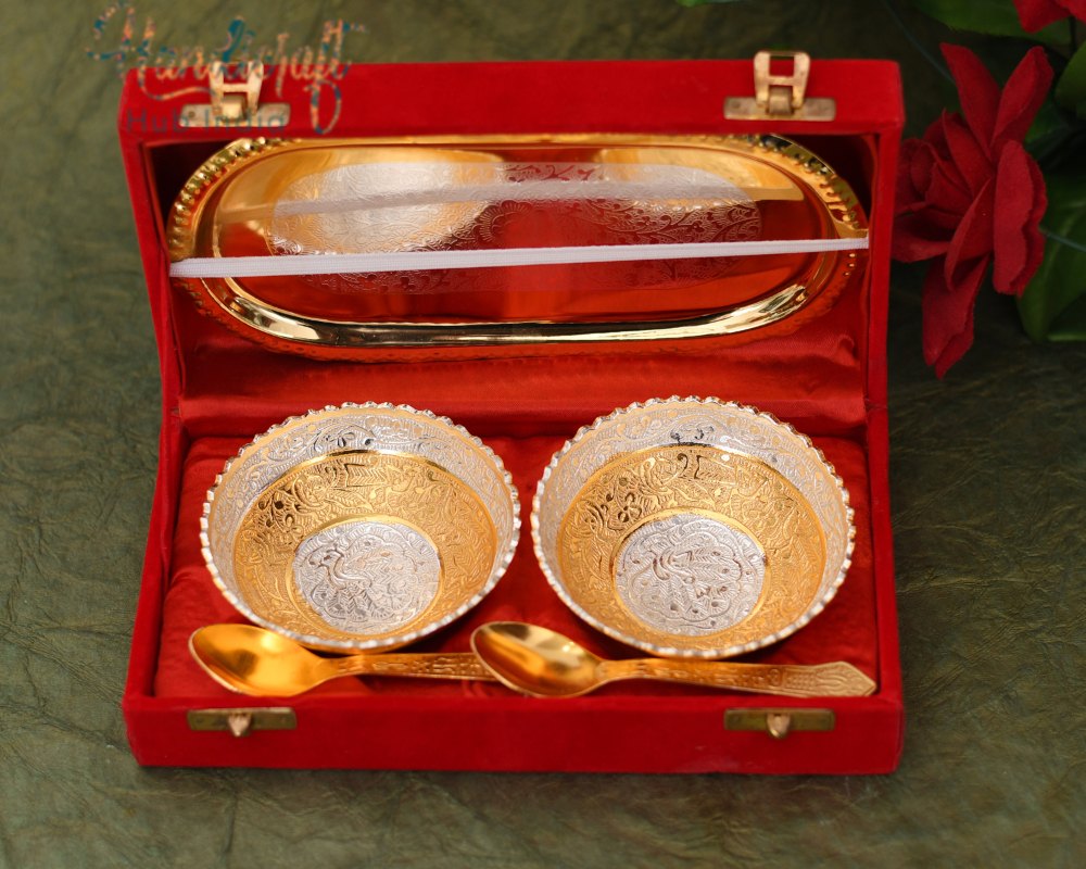 Golden Plated HHIGS003 HHI German Silver Printed Bowl, Spoon And Tray Set, Packaging Type: Royal Velvet Gift Box