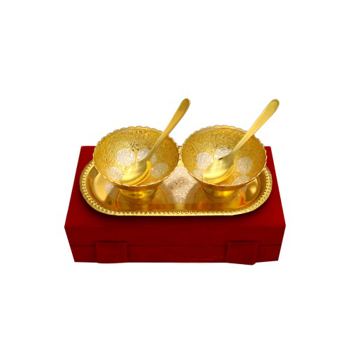 Bubber\'s Brass Dual Tone Dual Bowl With Tray & Spoon, Size: 4 Inches