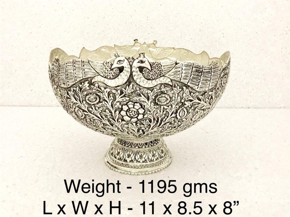 Oxidised Silver Metal Oval Antique Bowl
