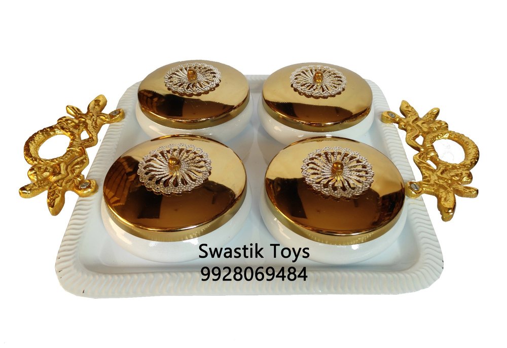 Swastik Toys White, Golden Metal Bowl Set, For Home, Set Contains: 4 Bowls, 1 Tray