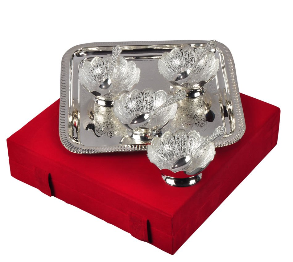 Stainless Steel Square Brass Dry Fruits Silver Plated Bowl & Tray Set Of 9 Pcs
