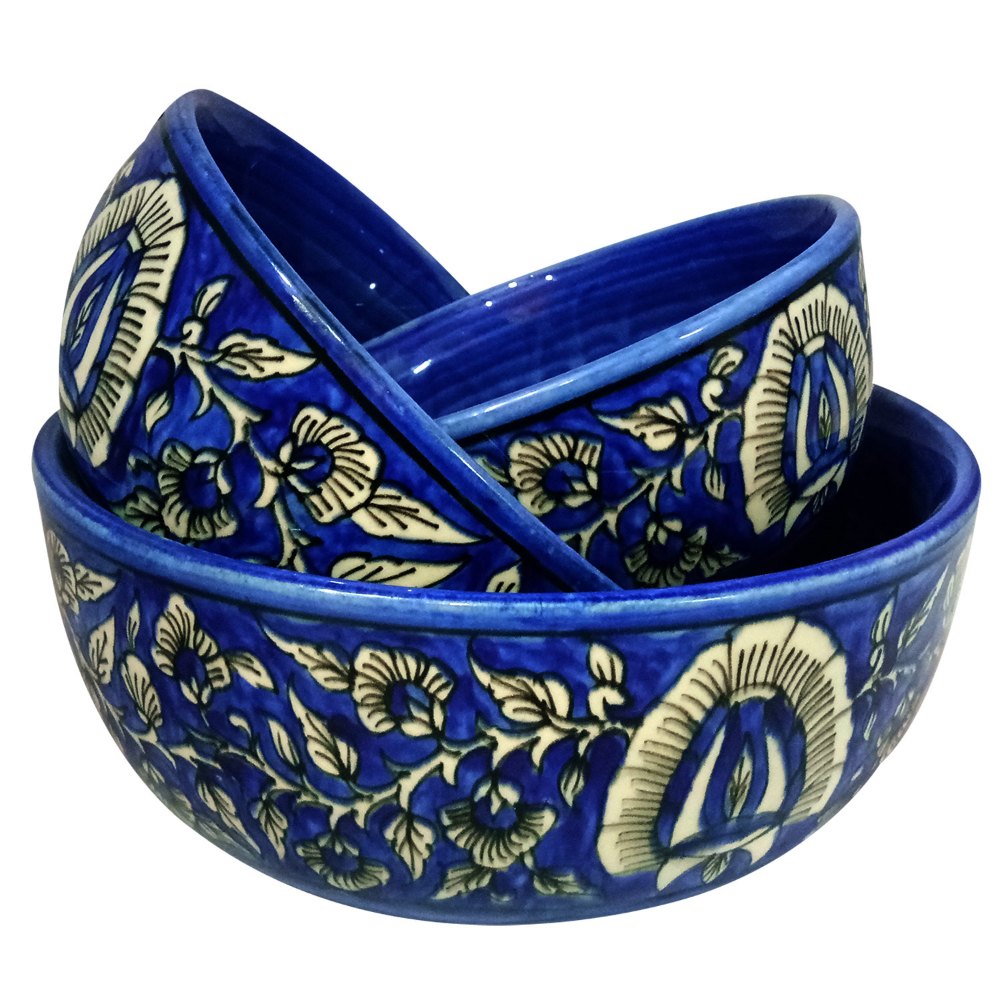Blue Pottery Handmade Ceramic Bowls, 15.8 X 15 X 13.8 Inches