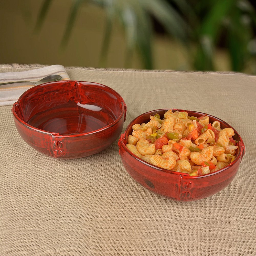 Studio Pottery Hand Glazed Ceramic Serving Bowls (800 ml Each, Set of 2, Crimson Red)