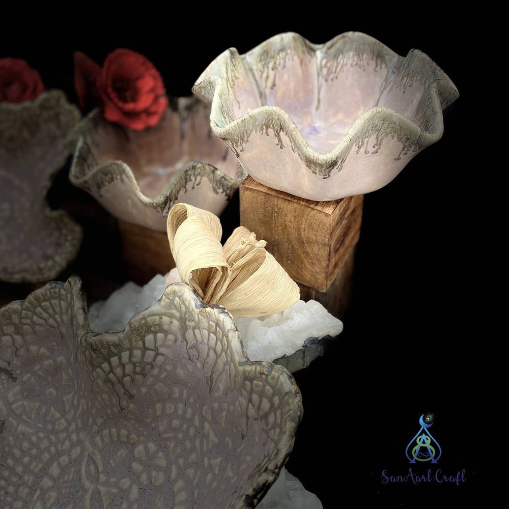 Clay Golden Freeform Ruffle Bowls, High- Gloss Earthenware - Hanidcrafts, For Home