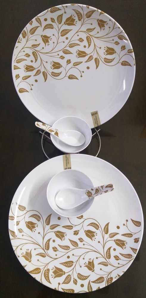 Printed On White Round Iveo Premium Melamine Plates And Bowls With Spoons, For Home Hotel Restaurant