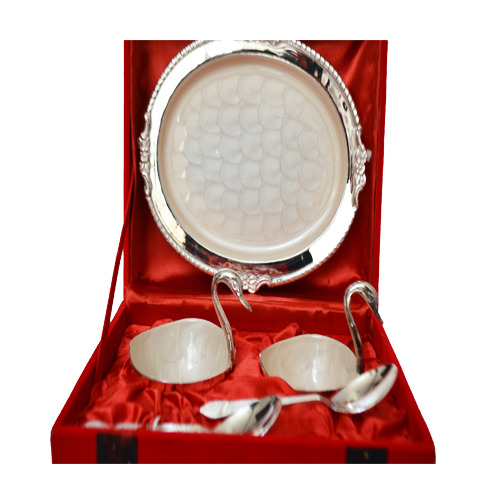 Brass Silver Duck Shape Bowl With Spoon And Tray