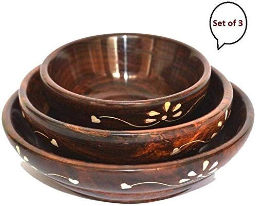 Brown Round Wooden Handmade Multipurpose Soup fruit Bowl, Set Contains: 3
