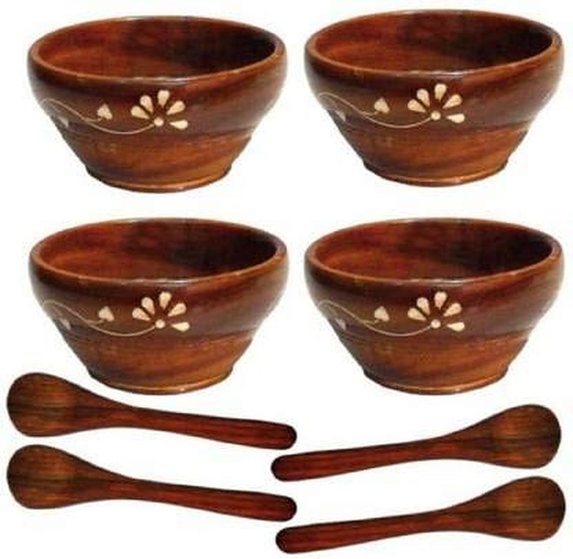 Brown Printed Wooden Sheesham 4 Bowlset Of 4 With Spoons