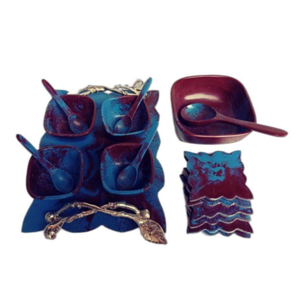 Blue and Red and Golden Soup Bowl Resin Serving Tray Set, For Home, Set Contains: 5 Piece