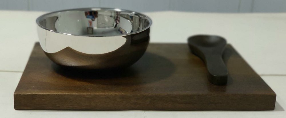 Silver Stainless Steel Double Wall Soup Bowl with Wooden Base and Spoon, For Restaurant, Size: 20 X 14 X 2 Cm