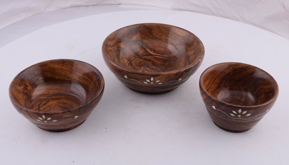 Brown Round Wooden Soup Bowl Set, Set Contains: 3 Piece