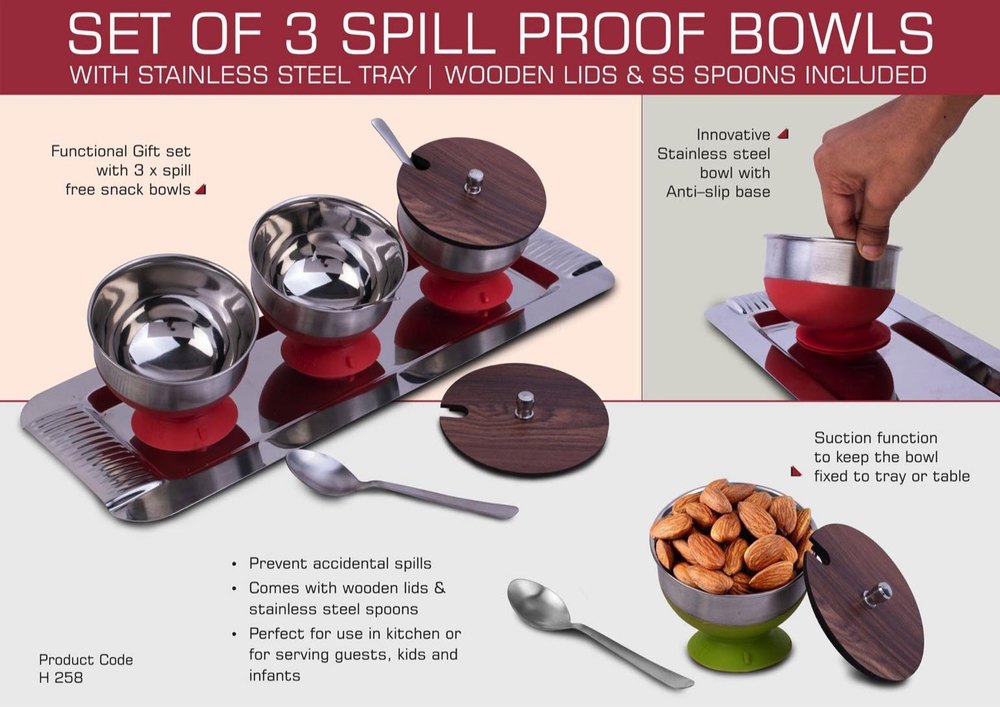 Round Fruit Bowl H258 Set Of 3 Spill Proof Bowls With Stainless Steel Tray, For Home, Size: Given