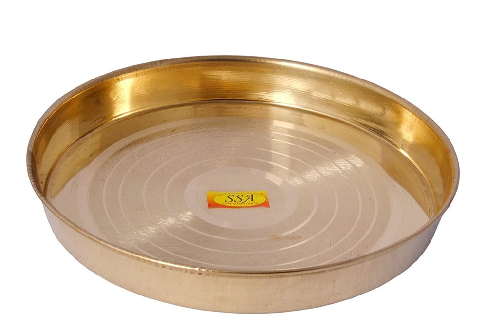Pure Brass Dinner Plate / Thali For Pooja & Serving Purpose (Silver Touch Khomcha Design, 28 cm Each)
