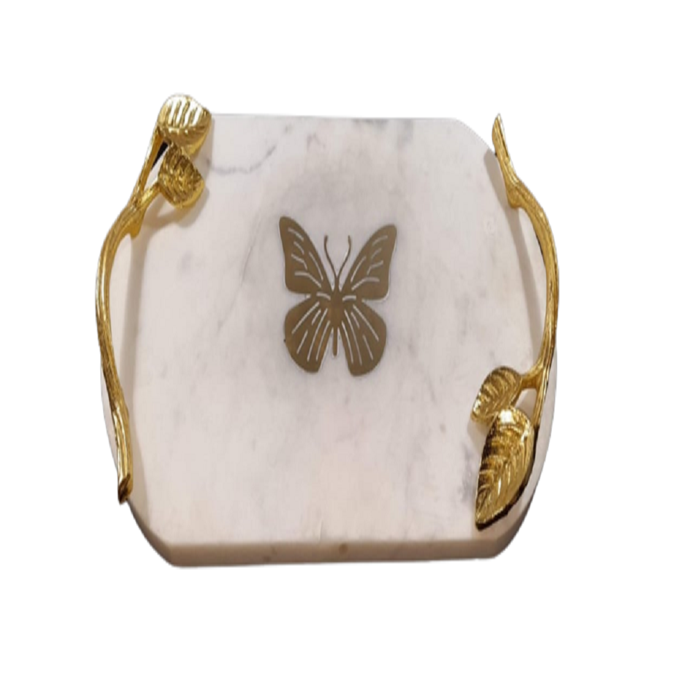 White Marble Serving Tray with Brass Handle, Shape: Rectangle, Size: 12*8 Inches